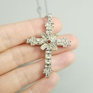 Vintage Rhinestone Cross Pendant Chain Necklace, Silver Tone, Estate